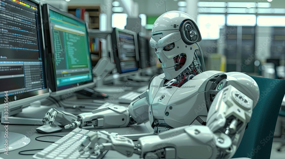Robot employee typing on a keyboard, its eyes fixed on the computer monitor in a corporate setting Robot employee typing on a keyboard, its eyes fixed on the computer monitor in a corporate setting