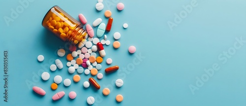 Bottle and scattered pills on solid background. copy space  photo