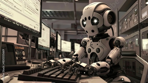 Robot employee typing on a keyboard, its eyes fixed on the computer monitor in a corporate setting