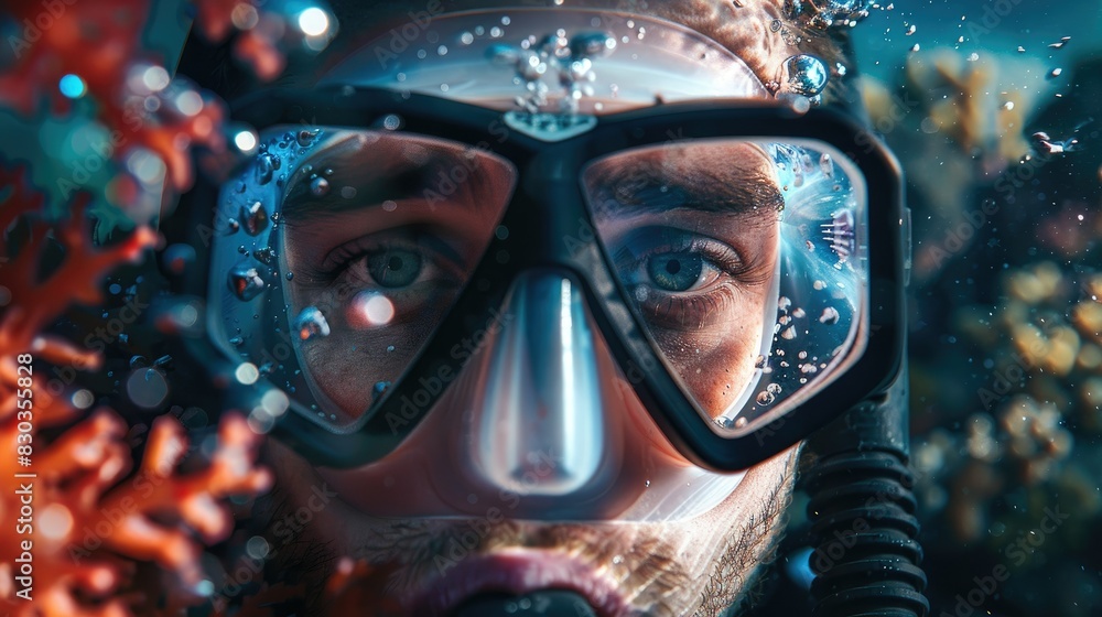 Scuba diver's face in focus, mask and snorkel clear, with the vibrant underwater world in the background Scuba diver's face in focus, mask and snorkel clear, with the vibrant underwater world in the background