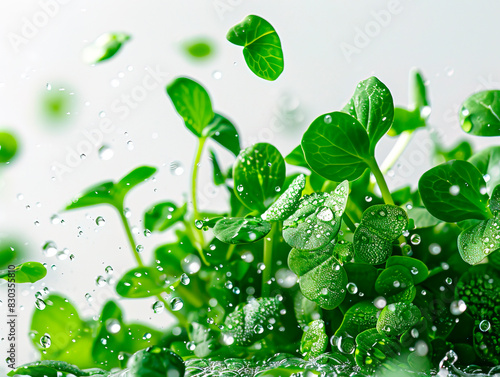 photography of WATERCRESS falling from the sky, hyperpop colour scheme. glossy, white background Fresh organic watercress over white background photo