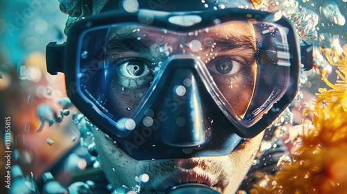 Scuba diver's face in focus, mask and snorkel clear, with the vibrant underwater world in the background