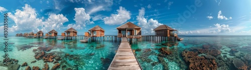 Panoramic photo of the most beautiful over water bungalows in the Maldives, 5 huts on wooden piers in crystal clear turquoise waters