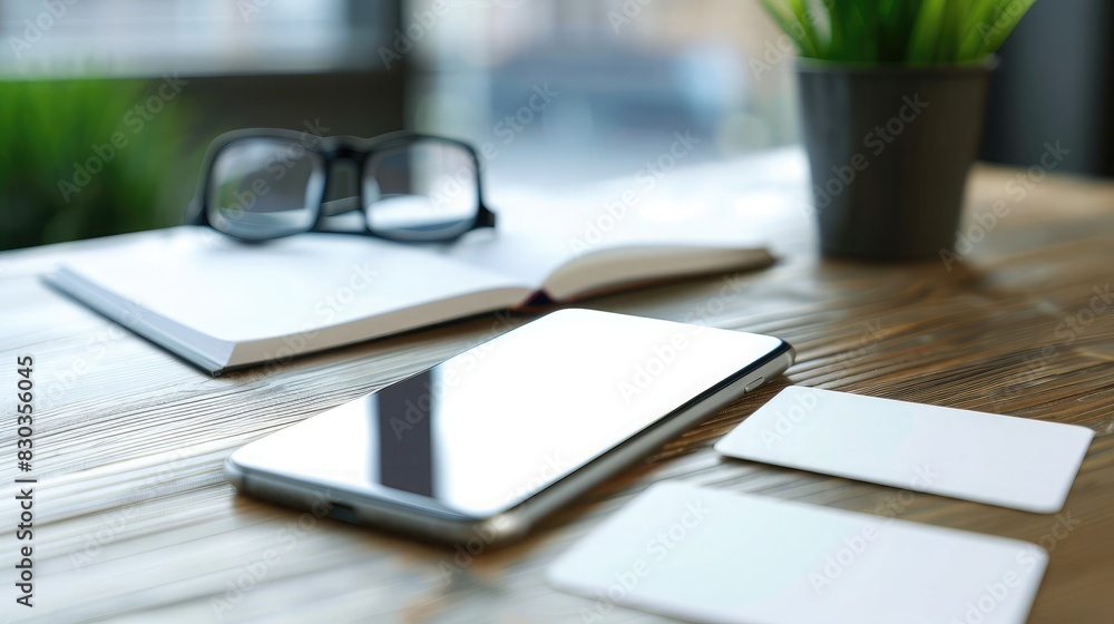 Office desk with a smartphone and business cards, symbolizing communication and networking Office desk with a smartphone and business cards, symbolizing communication and networking