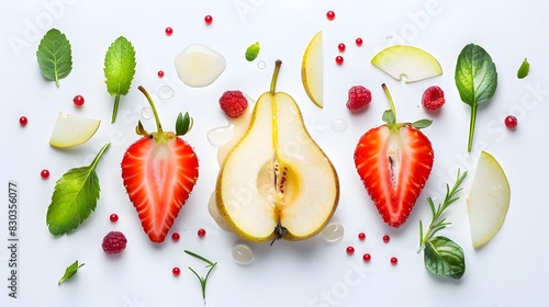 Vitamin fruit concept on white background. A unique fruit consisting of pear and strawberry. Unusual fruit with pear and strawberry flavour. Multifruit juice concept on white background
 photo