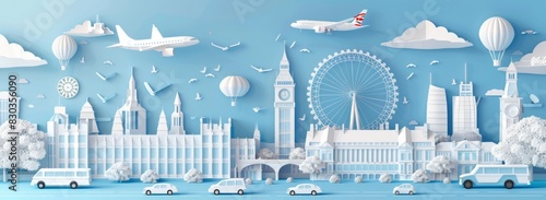 Paper art style depicting a cityscape with famous landmarks such as Big Ben, the London Eye and white transparent glass buildings in a blue background
