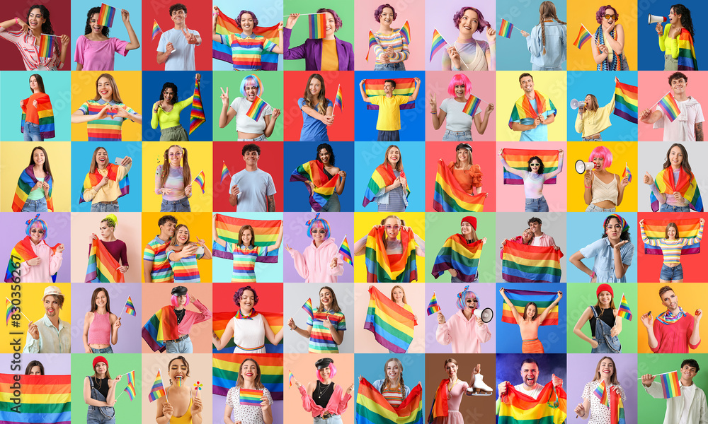 Collage of many people with LGBT flags on color background Collage of many people with LGBT flags on color background