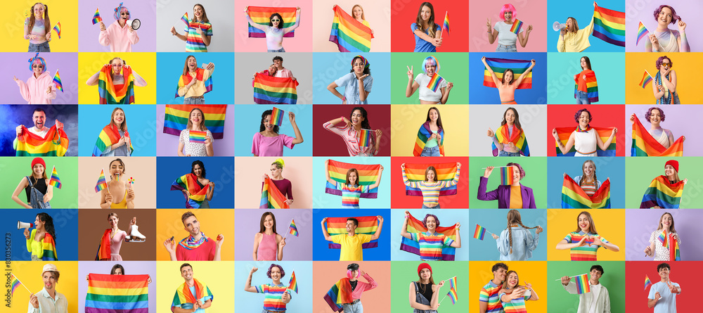 Obraz premium Collage of many people with LGBT flags on color background