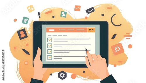 a user filling out an online customer survey form on a tablet. Feedback and Rating Concept.

