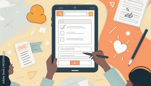 a user filling out an online customer survey form on a tablet. Feedback and Rating Concept.
