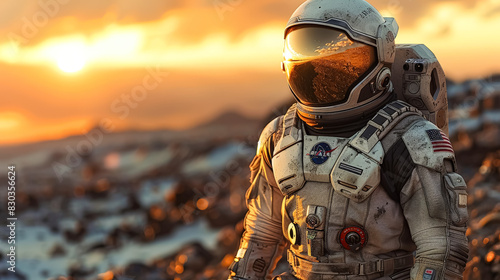 A man in a spacesuit stands on a rocky surface looking out at a vast, barren landscape. The sky is orange and the sun is setting, casting a warm glow over the scene