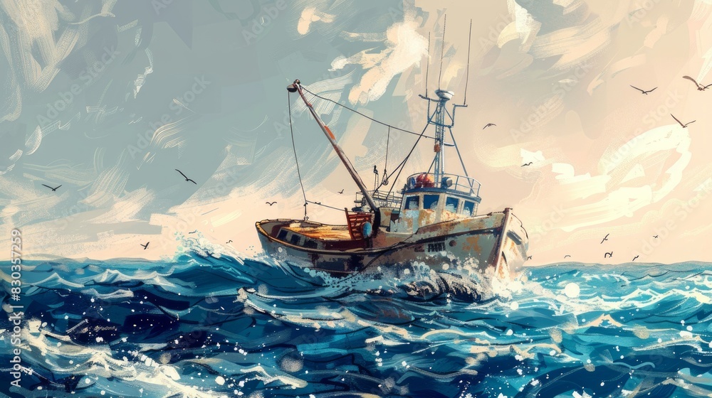 Fototapeta premium A semi-realistic painting of a fishing boat traveling in the middle of the ocean in the afternoon. The painting tells the story of a fisherman's struggle. The pride of a sailor.