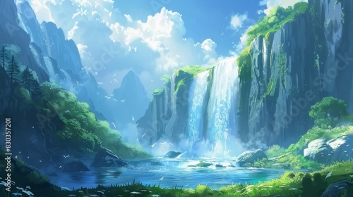 A painting of a large waterfall in a forest. A tall waterfall with clear water flowing far away.