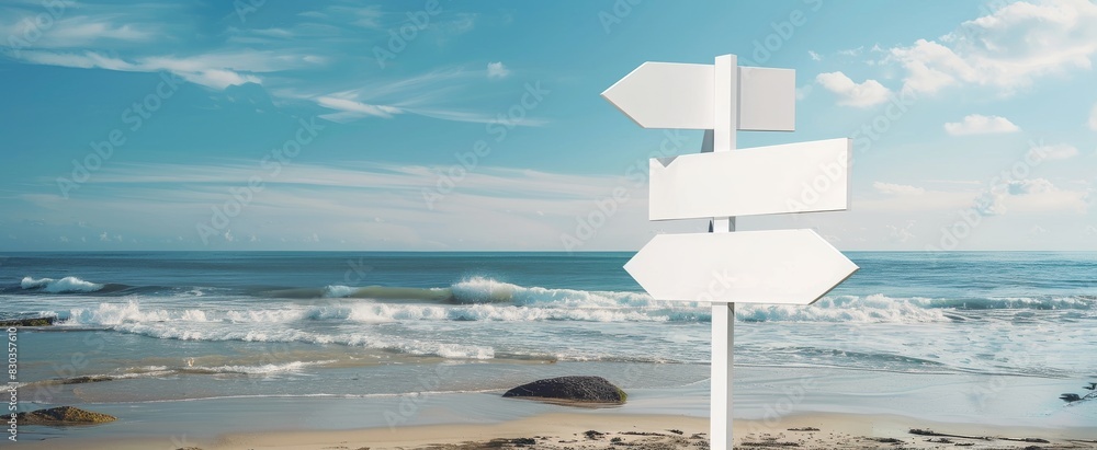 Three white blank road signs pointing in different directions on beach ...