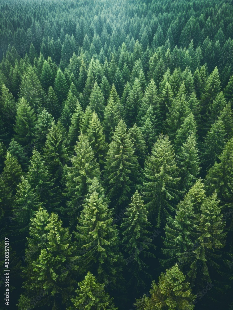 Captivating aerial perspective showcasing a vast expanse of tall green pine trees, the dynamic composition and natural lighting reminiscent of the iconic imagery often featured in National