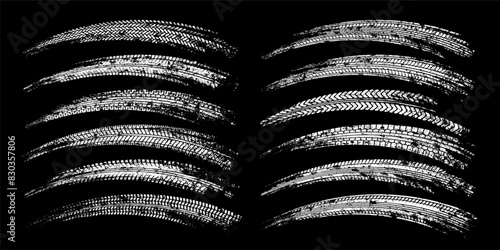 Grunge tire tracks, wheel braking marks. Truck, car or motorcycle tread pattern silhouettes. Auto race, motorsport, speed racing design element. Vector illustration