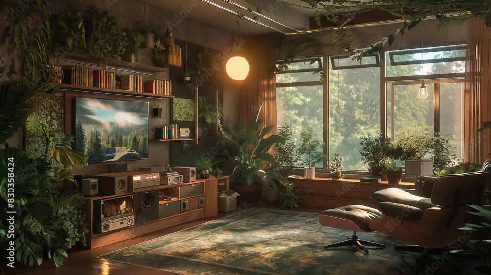 Fototapeta premium A living room designed to blend with nature seamlessly integrates natural elements such as wooden floors, stone accents, and large windows that offer panoramic views of the surrounding landscape.