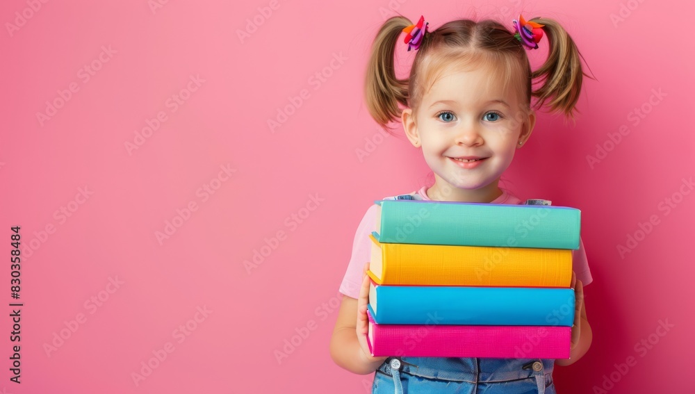 A cute little girl holding several books, with a solid color background and studio lighting. A cute little girl holding several books, with a solid color background and studio lighting.