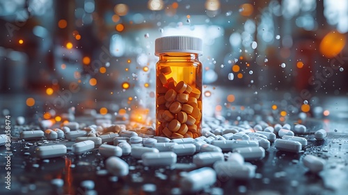 A photo-realistic rendering of a bottle with orange pills and scattered white tablets on a reflective surface