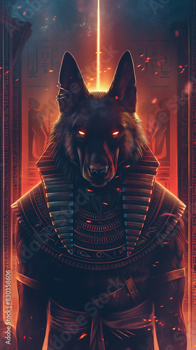 Anubis the dog stands powerfully in front of an Egyptian tomb, his commanding posture and unwavering gaze conveying a sense of reverence and duty towards the ancient resting place he vigilantly watche