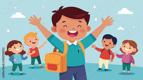 An excited child eagerly showing off their new backpack and lunchbox to their classmates filled with pride and excitement for their first day of school.. Vector illustration