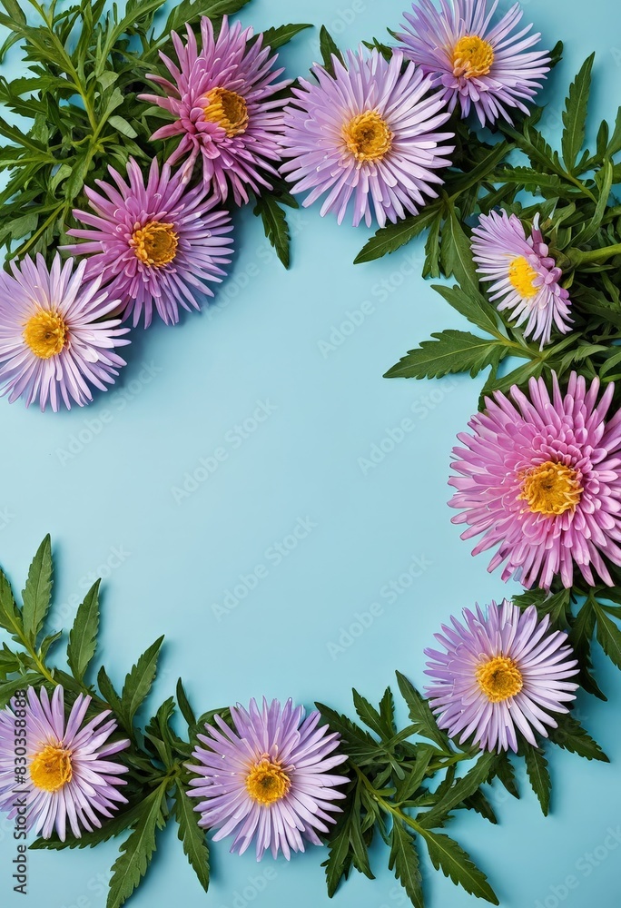 Obraz premium Purple Flowers Frame on Blue Background