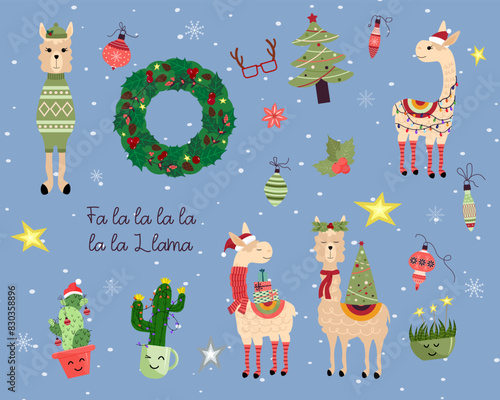 A set of decorative elements for Christmas and New Year. Llamas and alpacas in Christmas clothes. A wreath of branches, cones and leaves with berries. Cartoon characters. Cheerful catus in garlands