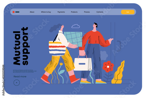 Mutual Support: Door Holding - modern flat vector concept illustration of woman carrying heavy box and man holding door for her. A metaphor of voluntary, collaborative exchanges of resource, services