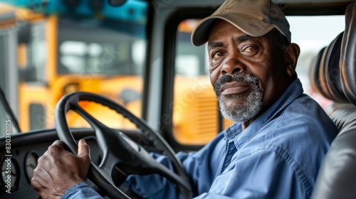 A portrait of a school bus driver, sitting in the bus driver's seat 