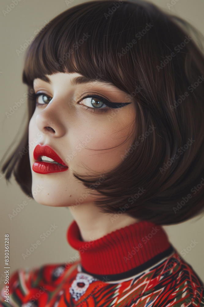 AI-generated illustration of A stunning young woman with dark hair and a vibrant patterned top AI-generated illustration of A stunning young woman with dark hair and a vibrant patterned top