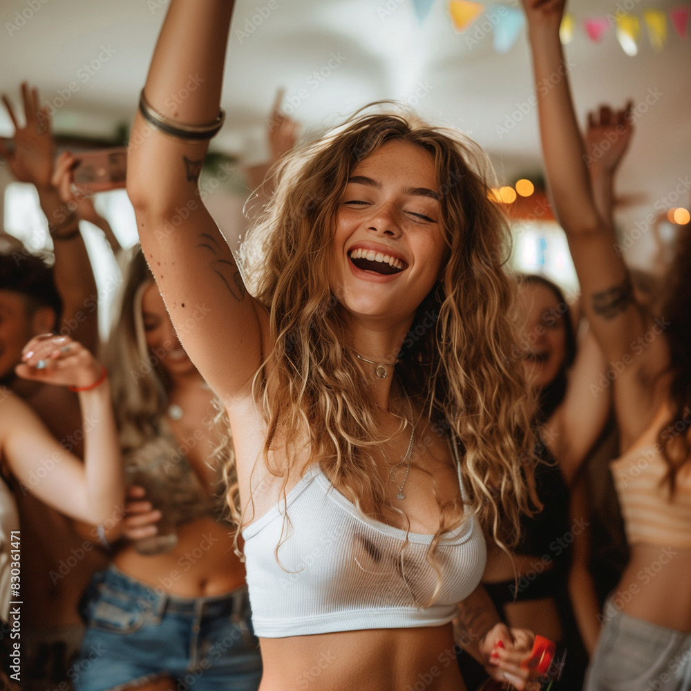 A woman with long hair is dancing and smiling with her friends. Scene is happy and fun A woman with long hair is dancing and smiling with her friends. Scene is happy and fun