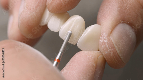 A dental technician is producing e-max and zirconium veneers. Glass-ceramic porcelains used for dental porcelain veneer treatment in dentistry. Laminate veneers and crown veneers. photo