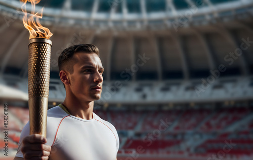Athlete holding the olympic torch in the stadium