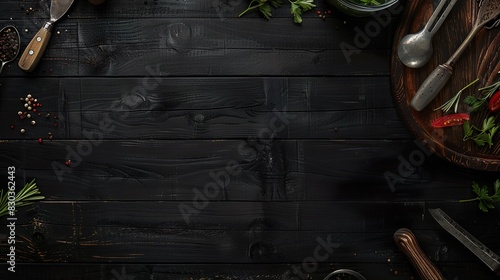 The background of cooking. On a black wooden background