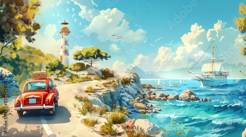 A red car is driving down a road near a lighthouse and a boat