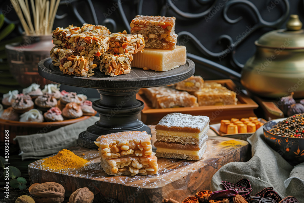 A table with a variety of desserts, including a cake and a tray of cookies