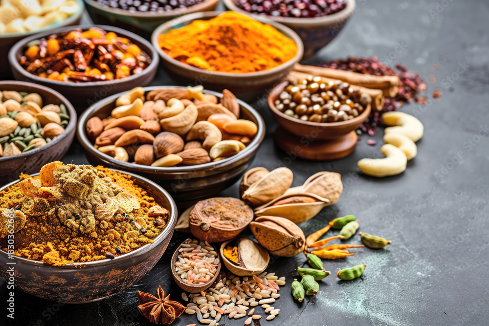 A variety of spices and nuts are displayed in bowls on a counter A variety of spices and nuts are displayed in bowls on a counter