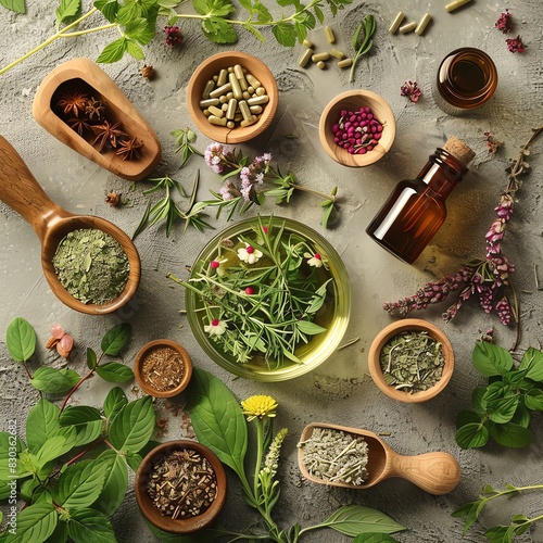 Natural ingredients for herbal medicine. Various herbs and spices on stone background. Top view, flat lay