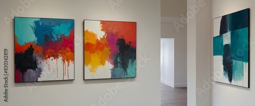 Abstract paintings hanging on white wall in art gallery 