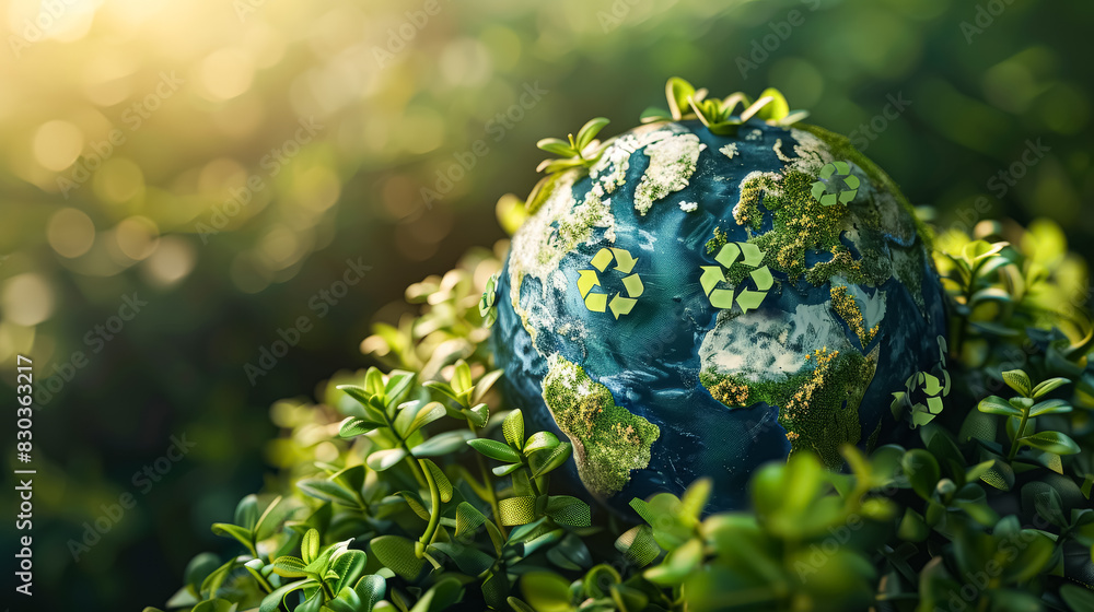 A blue globe with a green top and a green bottom. The globe is made of recycled materials A blue globe with a green top and a green bottom. The globe is made of recycled materials