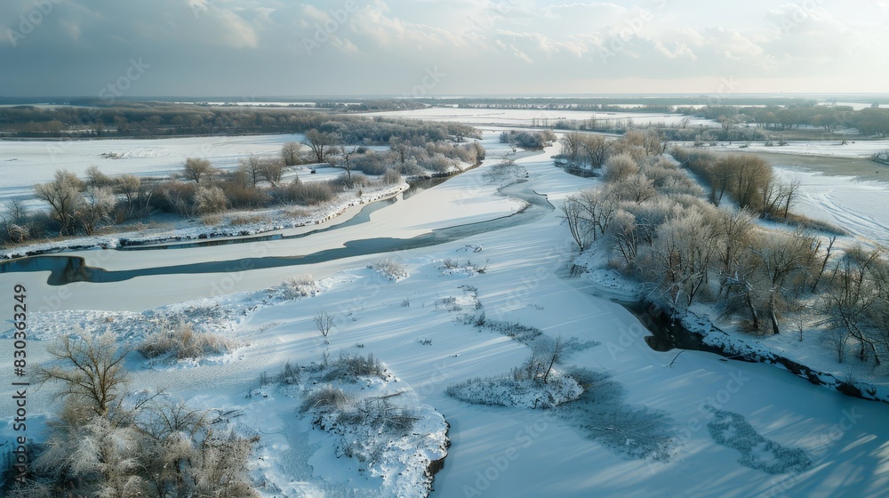 Obraz premium Aerial Photography of Frozen Floodplains with Snow after High Water in River
