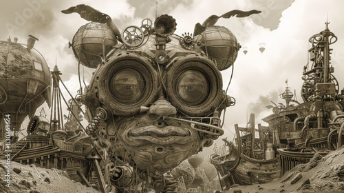 Steampunk illustration with Victorian elements, robots, flying machines, hot air balloons, and maps in sepia tones.