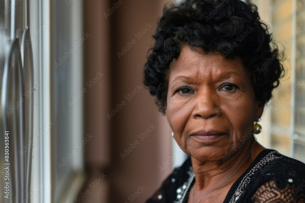 Confident elderly Black lady looking at the camera, standing by the window Confident elderly Black lady looking at the camera, standing by the window