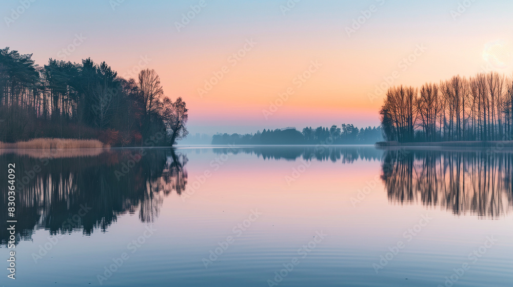 Fototapeta premium A calm lake at dawn with the first light of day reflecting off the water and a line of trees in the background