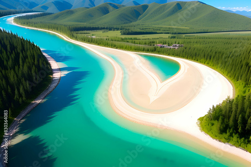 Island in the shape of a half heart. Turquoise Katun river. Altai landscapes. photo