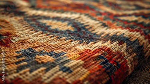 Close-up of a tribal rug, concept of realistic modern interior design