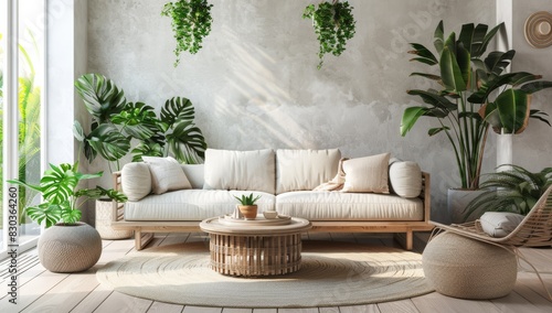 Living Room Interior with Sofa and Armchair, Modern Minimalistic Design with Sunlight and Plants