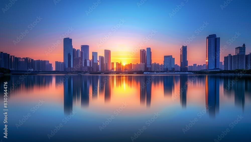 Naklejka premium City Skyline with Modern Buildings at Sunset, Reflection on Water, Urban Landscape and Colorful Sky
