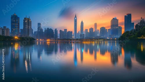 City Skyline with Modern Buildings at Sunset, Reflection on Water, Urban Landscape and Colorful Sky © Funk Design