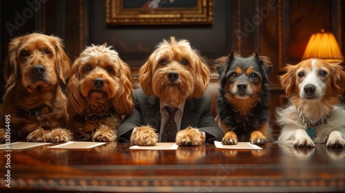 A creative image of dogs donning suits and ties, seated formally as if partaking in an executive meeting photo